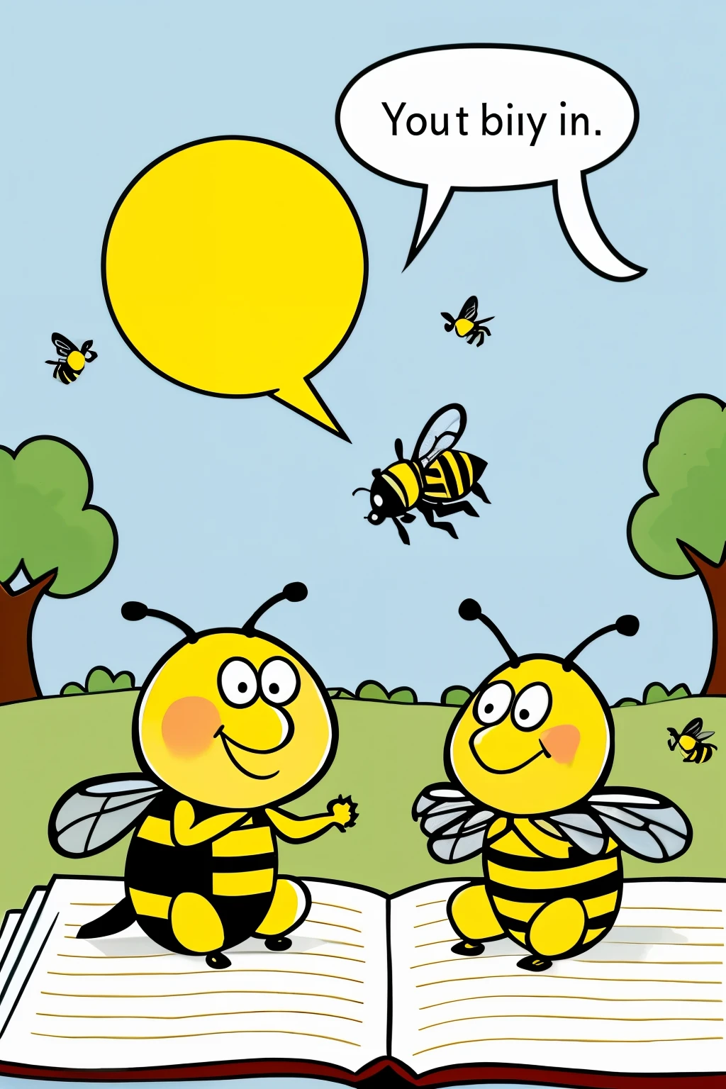 a bee and a cricket talking happily, while the bee speaks the cricket writes in a notebook in a cartoon