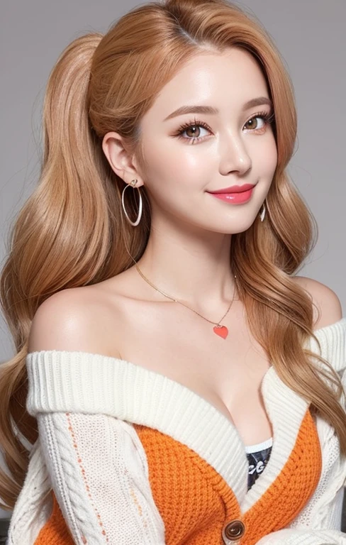 Portrait of a sweet casual look hairstyle for spring and summer, a close up of a realistic person with a cute face and a round cheeks, hair over one eye, orange and orange-yellow gradient hair color, long sideburns, layered shoulder length hair cascading down her shoulders, (Wavy hair:1.3), high ponytail, happy smile with showing theeth, black-framed_eyewear, Makeup with peach-pink lips, rosy checks, shiny eyeshadow, winged eyeliner, It creates a bright and fun appearance, colorful cleavage cutout sweater with heart print, off shoulder cropped red houndstooth cardigan:1.4, Piercing of hearts up to the shoulder, Layered bracelets, necklace