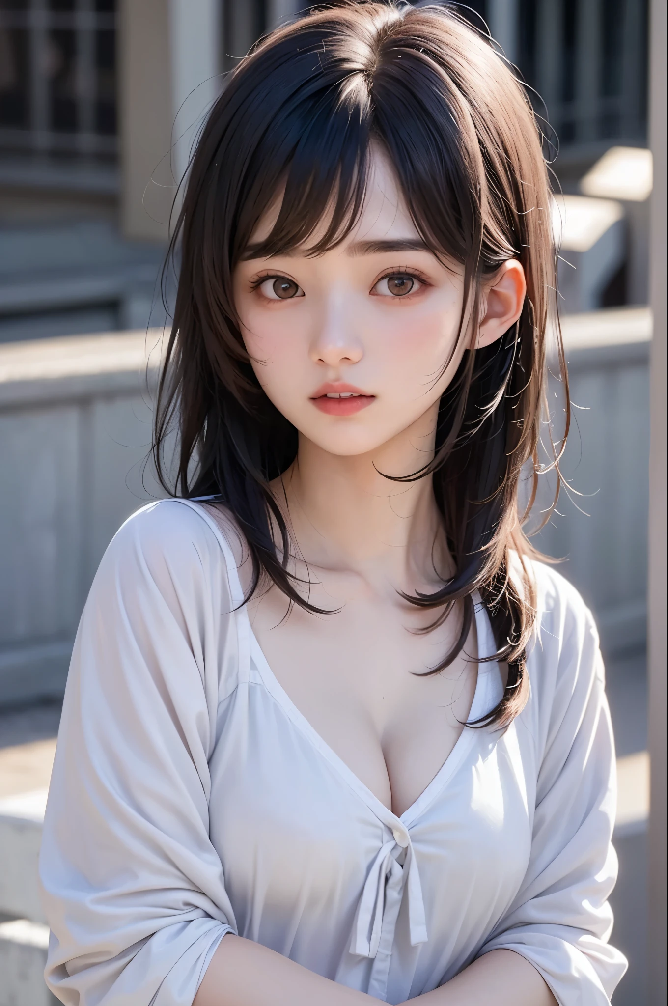 (1 nogizaka girl,ars old face,raw photo,photo realistic:1.5),(best quality, high quality,HDR, highest quality,ultra high resolution,high resolution,high res,ultra high difinition,huge file size,8K,2K wallpaper,8K wallpaper,high quality texture,amazing,an extremely delicate:1.4),one girl, Japanese famous idol,cute face,small face,absurd,ridiculous,incredibly ridiculous,blurry background,(sundress,short hair,cleavage,no makeup:1.2),medium skin,beautiful skin,detailed skin,black hair,silky hair,black eyes,Japanese nose,5-fingers,(Light Particles, Lens Flare, Luminous Particles: 0.7),looking at viewer,bright lighting,professional lighting,girl
