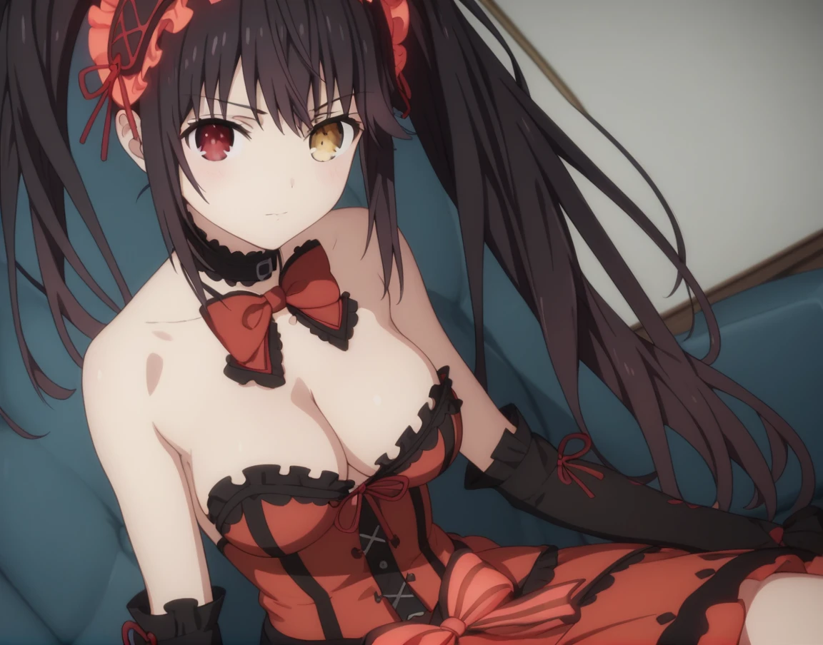 kurumi tokisaki, black hair, red eyes, long hair, twintails, yellow eyes, hairband, heterochromia, dress unbuttoned, red dress unbuttoned, bare shoulders, collarbone, choker, bowtie, red bowtie, detached sleeves, corset unbuttoned, frills, cleavage unbuttoned,sitting,legs open, looking at viewer, cowboy shot, dutch angle,showing naked breasts, medium large breasts, showing naked breasts ,li(cowboy photo: 1.5)