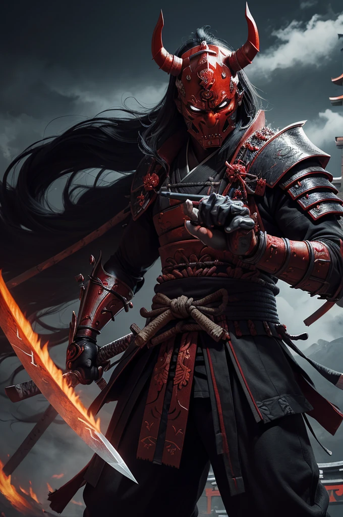 (demon samurai)、(Wearing a demon mask)solo man, glowing red eyes、Like the whole body、(Armed with a long sharp knife)、detailed hands,Stand facing the front,magnificent artwork、((Kyoto Panel Painting Style))、Wind-effect:1.9、Cloud Effects:1.2、Full Rendering、Encaustic Painting,unrealengine,