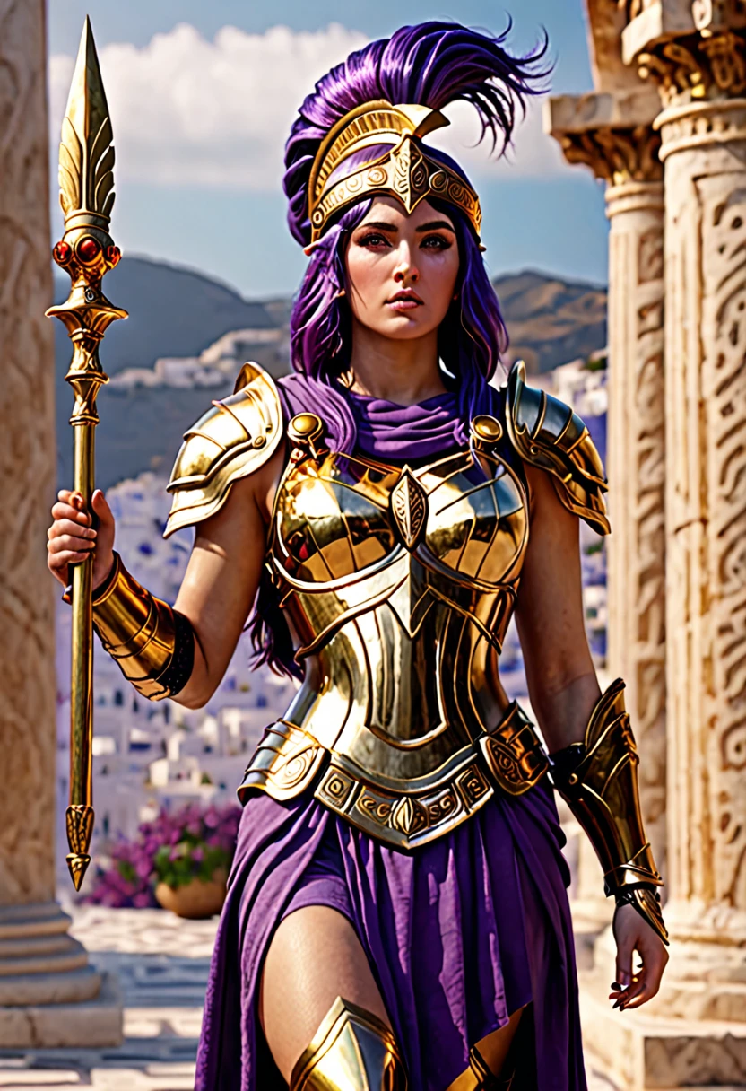 Athena, greek goddes, powerfull, purple hair, Golden armour, holding a scepter, realistic, very detailed, 4K