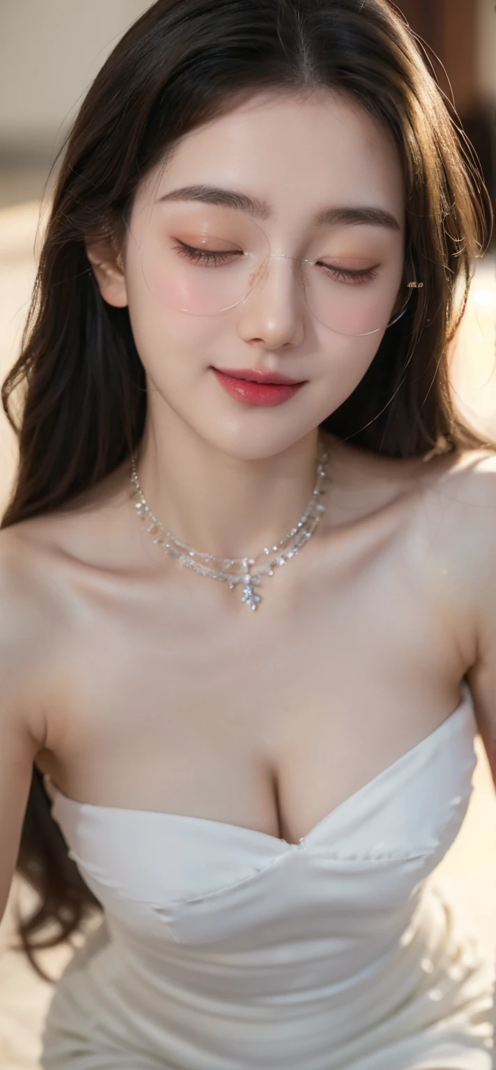 (Canon RF85mm f/1.2), (8K, original photo, best quality), (masterpiece), (Practical, photograph Practical), (Very detailed, High Detail, Best image quality, Very detailed, high resolution, Very detailed, Very detailed的描述, Ultrafine, Extremely exquisite and beautiful work), Beautiful and delicate girl, Solo Girl, ((Perfect body)), Very detailed eyes and face, White skin, Noble and beautiful, ((The skin texture is delicate, Pores)), Perfect anatomical structure, Beautiful Body, Delicate face, Slim abdominal muscles, Slim waist), Big Ass, (Large Breasts, Breast enlargement), (cleveage), (Soulful gaze, soulful eyes, Glowing eyes), (Beautiful clear eyes), (Bounce Curly Messy Long Hair), (Smile:1.2), (Fascinated expression), (Beautiful appearance), ((Low-cut,Wedding dress,No Sling,Show your shoulders,E Cup)), ((Tight)), ((Bud)), ((wear glasses)), earrings, necklace, ((night)), ((Street View, moonlight)), Physically Based Rendering, Realistic lighting, (((Deep Crack))), ((Looking at the audience)), ((eternal)), ((Happy and shy))