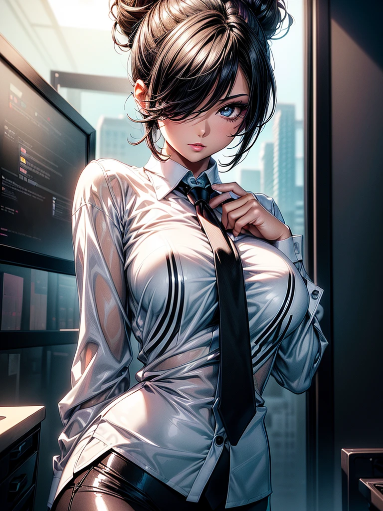 (masterpiece)(8k)(cute)(25-year old woman)(1girl:1.5)(solo:1.8)(wild hair:1.3)(short hair:1.3)(black brown hair)(shiny hair:1.2)(hair over one eye:1.5)(hairbun:1.2)(flat chest:1.3)(black pupils:1.4)(glossy skin:1.4)(glossy lips)(dark, glossy eye-shadow:1.5)(dark eyelashes:1.4)(white office shirt:1.6)(long black necktie:1.4)(piercing:1.2)(seductive pose:1.3)(city night:1.2) rossdraws pastel vibrant, rossdraws cartoon vibrant, style anime 8k, beautiful portrait, artgerm colorful!!!, ! dream artgerm, beautiful anime girl, styled digital art, art wallpaper 8k, digital art, extremely detailed artgerm,