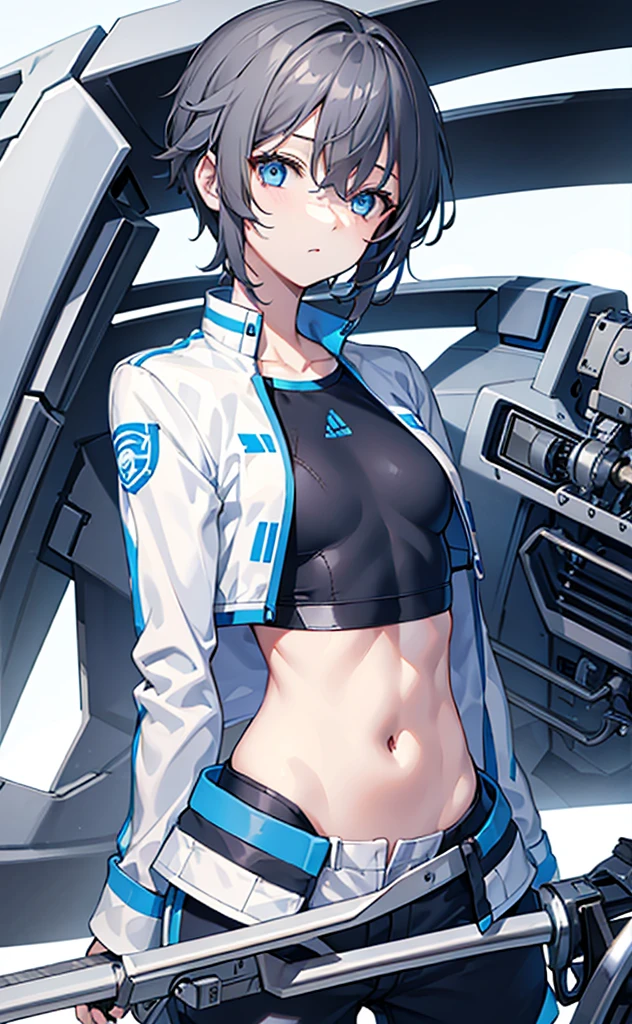 Girl,Tomboy,Dark gray hair,Blue Eyes,White jacket and blue short-sleeved top,Lower body trousers,Technology,flat chest。
