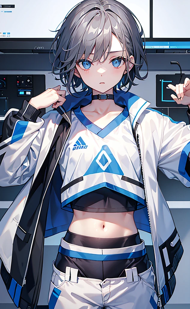 Girl,Tomboy,Dark gray hair,Blue Eyes,White jacket and blue short-sleeved top,Lower body trousers,Technology,flat chest。