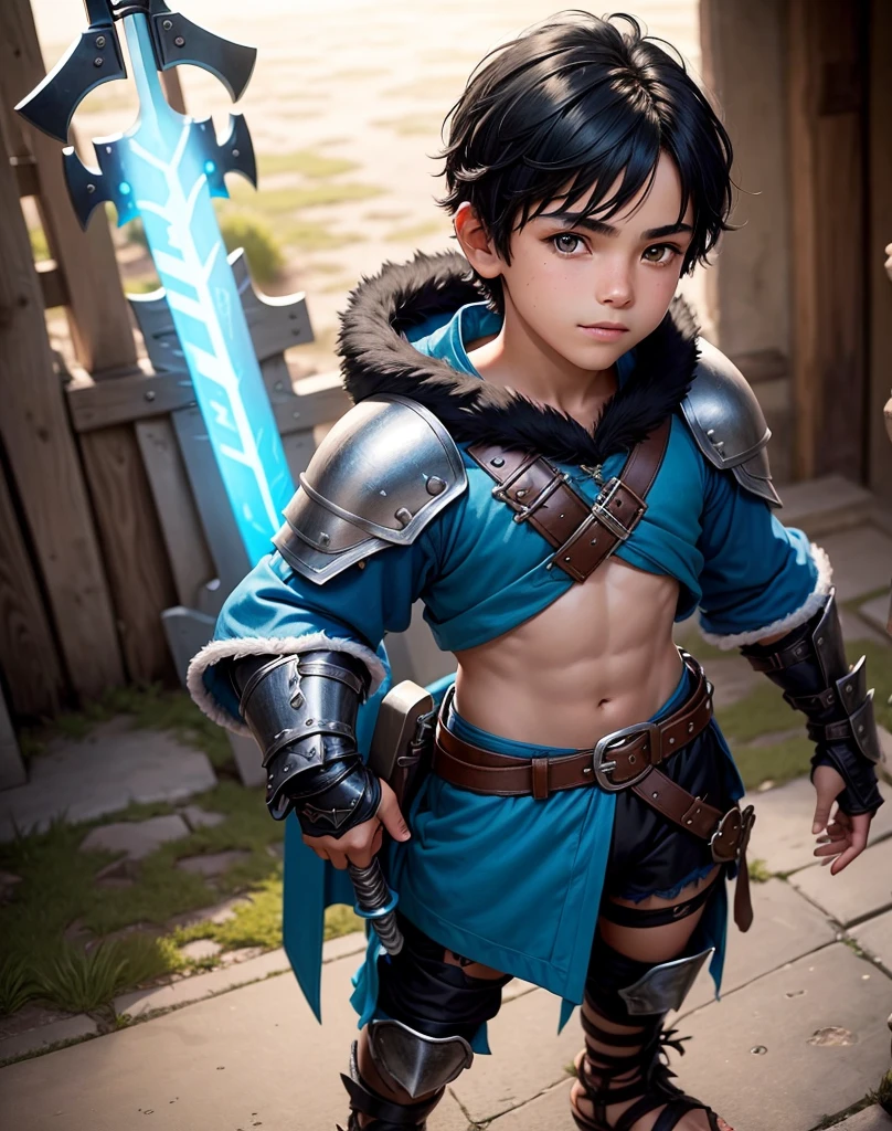 Young 13-year-old boy with black hair and brown eyes, innocent and happy, dressed in short neon-blue medieval barbarian clothes, fur shorts, light-blue battle armor, weilding silver sword and shield, sandals; fullbody; short hair, boyish athletic, sexy,