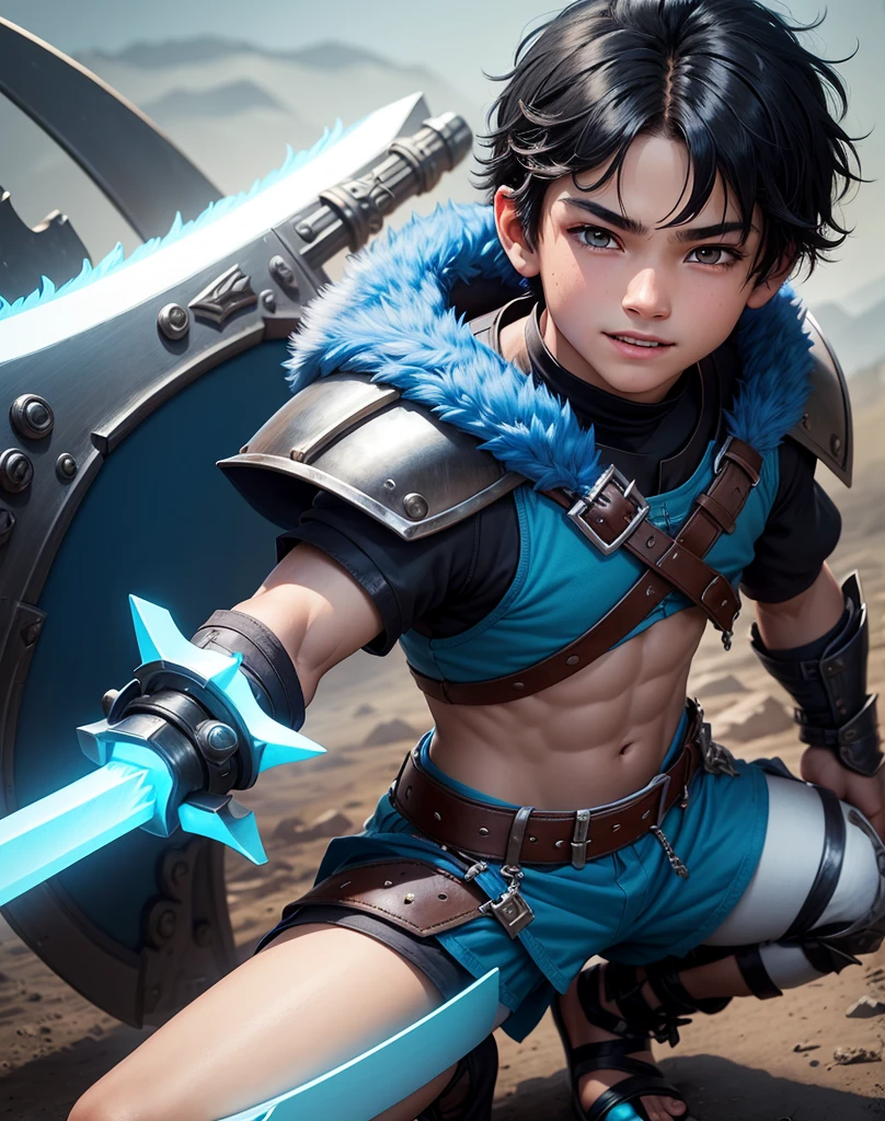 Young 13-year-old boy with black hair and brown eyes, innocent and happy, dressed in short neon-blue medieval barbarian clothes, fur shorts, light-blue battle armor, weilding silver sword and shield, sandals; fullbody; short hair, boyish athletic, sexy,