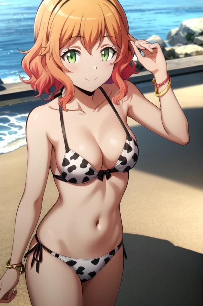 best quality,ultra high res, 1girl,  HinanoKurahashiR4, green eyes, orange hair,alternate costume,animal print,beach,bikini,blurry,blurry background,bow,bow bikini,bracelet,cleavage,closed mouth,collarbone,curvy,day,fish print,frilled bikini,frills,hand up,innertube,jewelry,light blush,looking at viewer,outdoors,shiny skin,sidelocks,skull and crossbones,smile,solo,standing,swimsuit,v,white bikini,white bow,