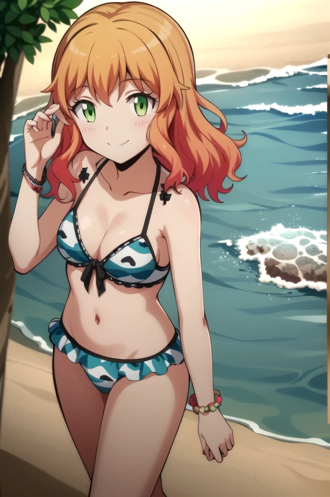 best quality,ultra high res, 1girl,  HinanoKurahashiR4, green eyes, orange hair,alternate costume,animal print,beach,bikini,blurry,blurry background,bow,bow bikini,bracelet,cleavage,closed mouth,collarbone,curvy,day,fish print,frilled bikini,frills,hand up,innertube,jewelry,light blush,looking at viewer,outdoors,shiny skin,sidelocks,skull and crossbones,smile,solo,standing,swimsuit,v,white bikini,white bow,