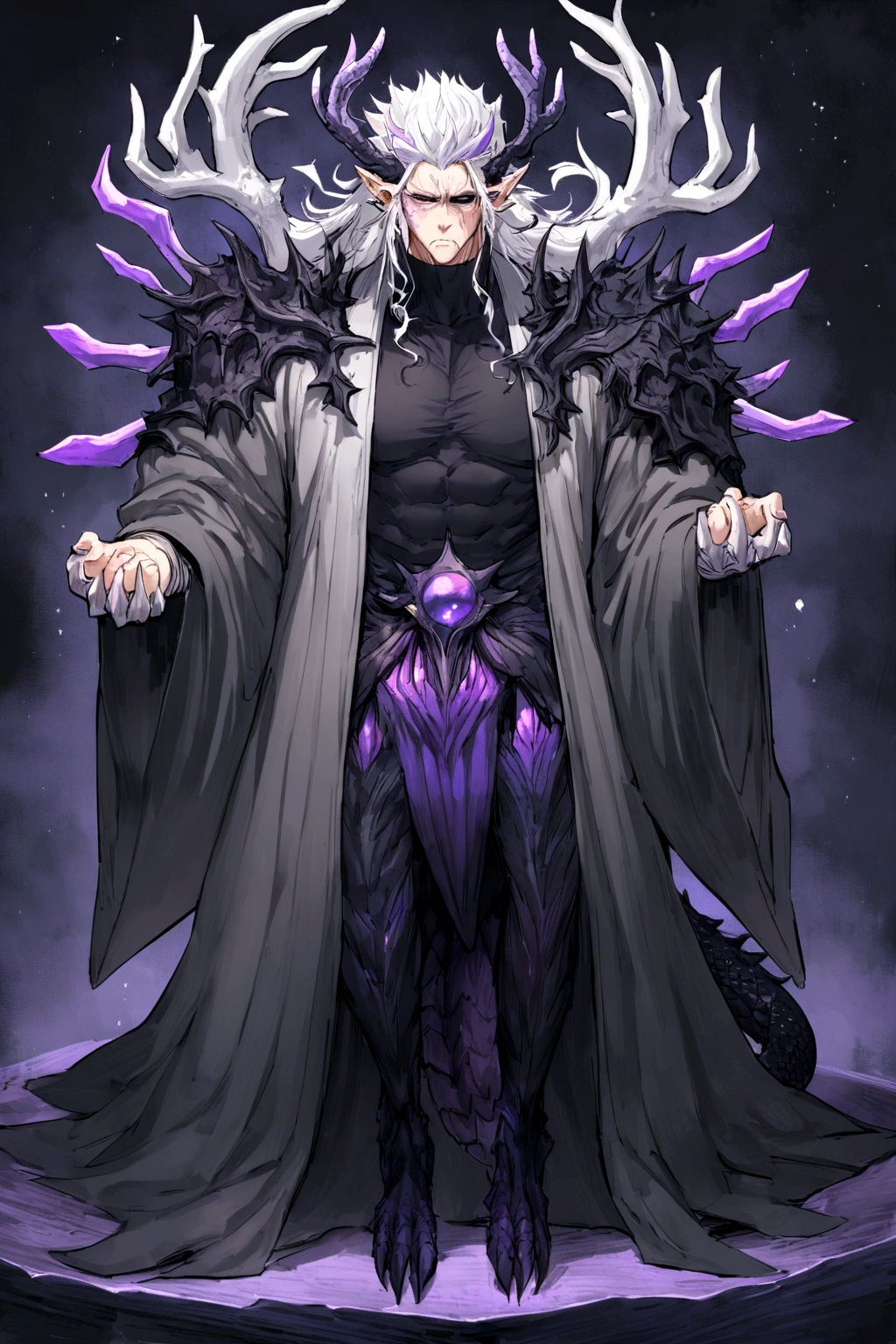 solo, 20 year old male, character fusion, nidhogg fused with odin and sun wukong, tall tanned man with wild unruly white hair, bangs on face, bangs, ((iridescent irises)), black sclera on eyes, long voluminous hair, spiky hair, pointy ears, fit , clawed fingers, dragon tail, open haori, turtleneck tanktop, manly jaw, dark crystal antlers, exhausted expression, khaenr'ah abyss, draconic person, calamity incarnate, full body