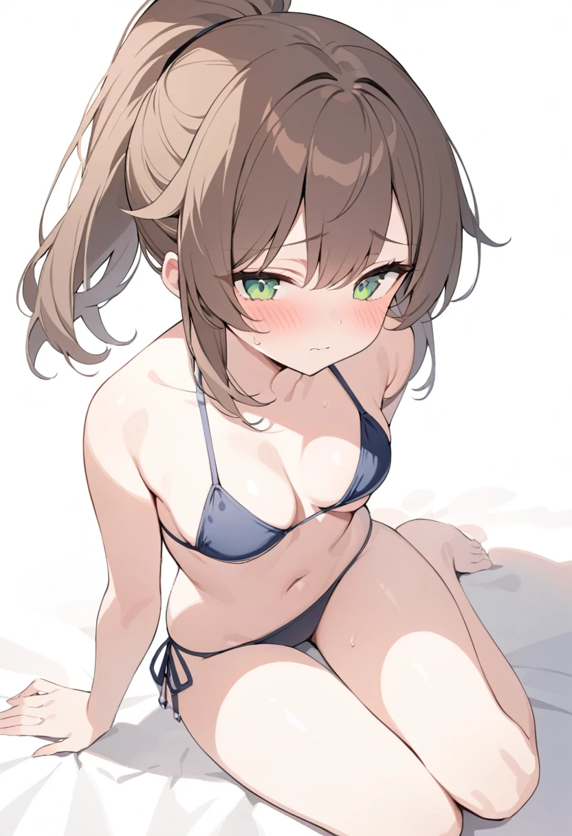 (masterpiece), (best quality), 1girl, medium , brown hair, ponytail, wavy ponytail, green eyes, swimsuit, bikini, shy, blush, looking at you, sitting, full body, white background