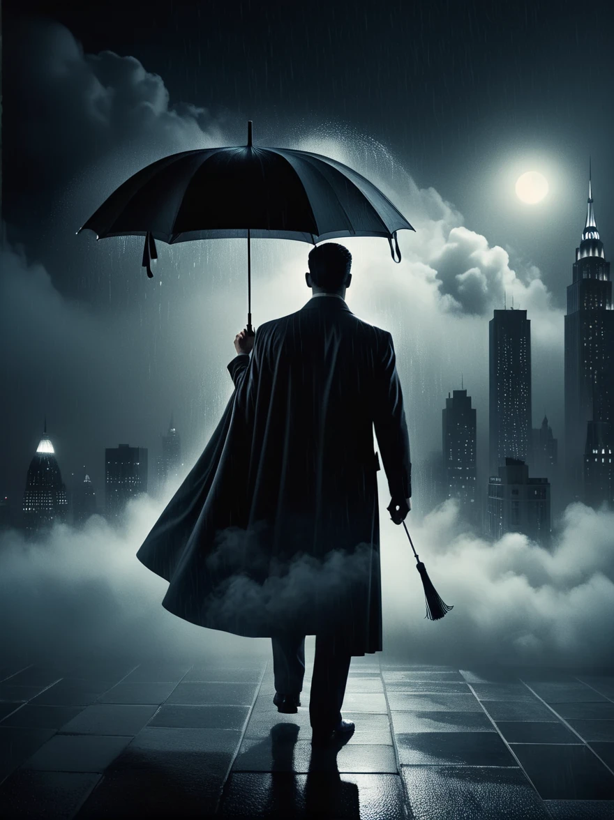 In the heavy rain, a mysterious and brave man holding an umbrella，(Umbrella: 1.5), standing on top of a tall building, shrouded in the darkness of a 1940s noir-style cityscape, well-built, charismatic, and exuding a stoic demeanor, he wears a distinctive costume and a flowing cape, the cityscape is gloomy and dim, with only a few scattered lights penetrating the foggy night sky, swirling clouds covering the night sky, and a faint moonlight outlining the figure and the city below, (chiaroscuro, cinematic lighting, drop shadow, film grain, anatomically correct, accurate, award winning, highres, 8k)