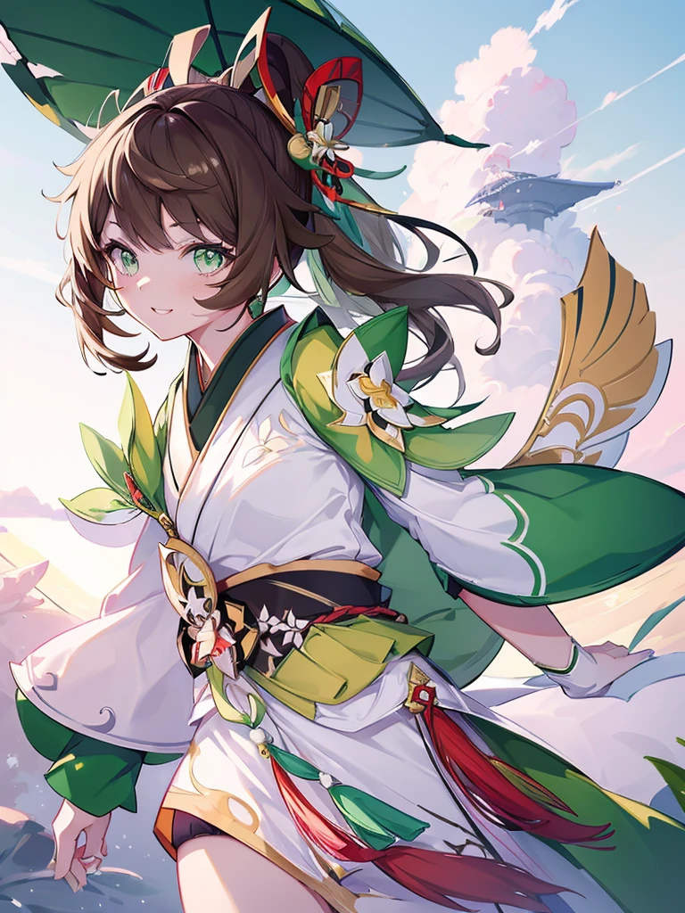 ((Genshin impact style)) (masterpiece), (high quality), 1 girl, 16 years, female body, white skin, freckles, ((long, and wavy DARK-BROWN HAIR)), ((green and bright eyes)), she has a cheerful, kind and sweet expression, pink lips with a big smile, designs from East Asian, Game character costume design, Japanese clothing style with a green and light pink color palette, Japanese hair accessories, ((White background)) intricate details, lens flare，ultra high resolution，sharp focus，HD，8k，clear facial features，clear details，beautiful eyes，beautiful face