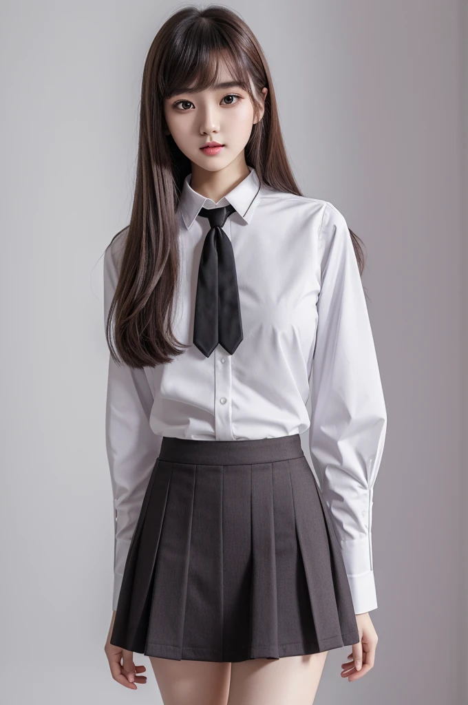 ((best quality)), ((masterpiece)), (detailed), perfect face ulzzang girl long brown hair with bangs wearing black  with white sleeves purple tie and gray skirt white background full body