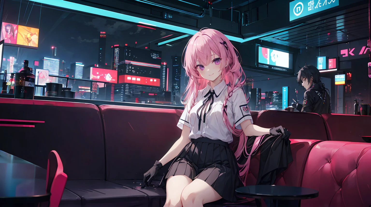 A girl,Solitary,Pink long hair,Moderate,Smile,Medium-length hair,Messy hair,Short sleeve,Short sleeve游戏服,Black skirt,Black gloves,Cyberpunk Characters,night, night city background,Cyberpunk, Anime style 4K, Sitting on the sofa,indoors,In the restaurant,Black Ayase Eue、Character-centered
