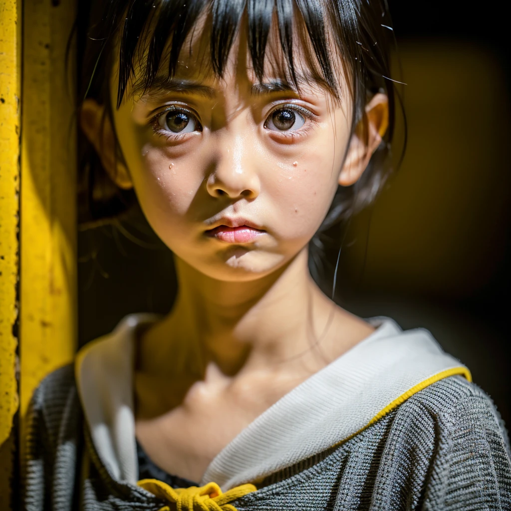 Dark Room, Crying, Crying, Sad face, , Tragic, Ultra HD、128ｋ、Masterpiece、A kindergarten girl、 clavicle, RAW Photo、A girl with big eyes wearing light yellow clothes、Long face, Professional Lighting、Japanese anime style, 