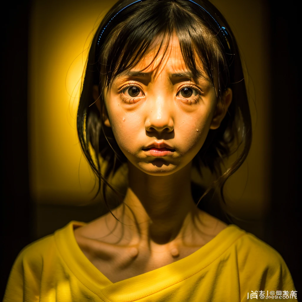 Dark Room, Crying, Crying, Sad face, , Tragic, Ultra HD、128k、Masterpiece、A kindergarten girl、 clavicle, RAW Photo、A girl with big eyes wearing light yellow clothes、Long face, Professional Lighting、Japanese anime style,
