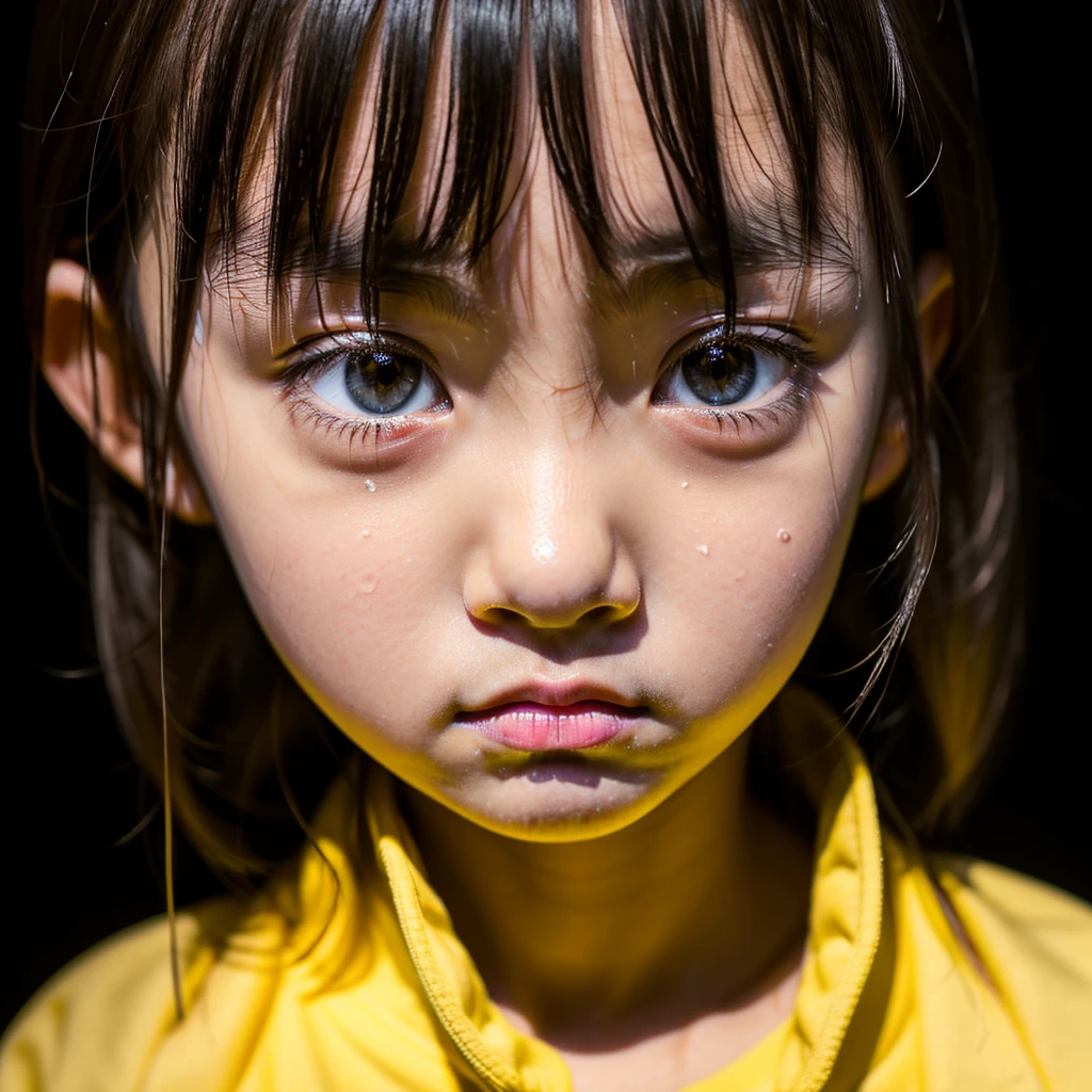 Dark Room, Crying, Crying, Sad face, , Tragic, Ultra HD、128k、Masterpiece、A kindergarten girl、 clavicle, RAW Photo、A girl with big eyes wearing light yellow clothes、Long face, Professional Lighting、Japanese anime style,