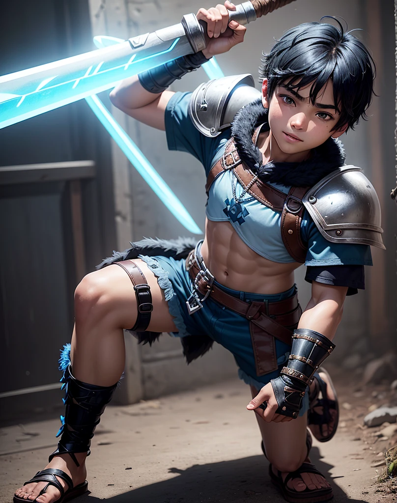 Young 13-year-old boy with black hair and brown eyes, innocent and happy, dressed in short neon-blue medieval barbarian clothes, fur shorts, light-blue battle armor, weilding silver sword and shield, sandals; fullbody; short hair, boyish athletic, sexy,