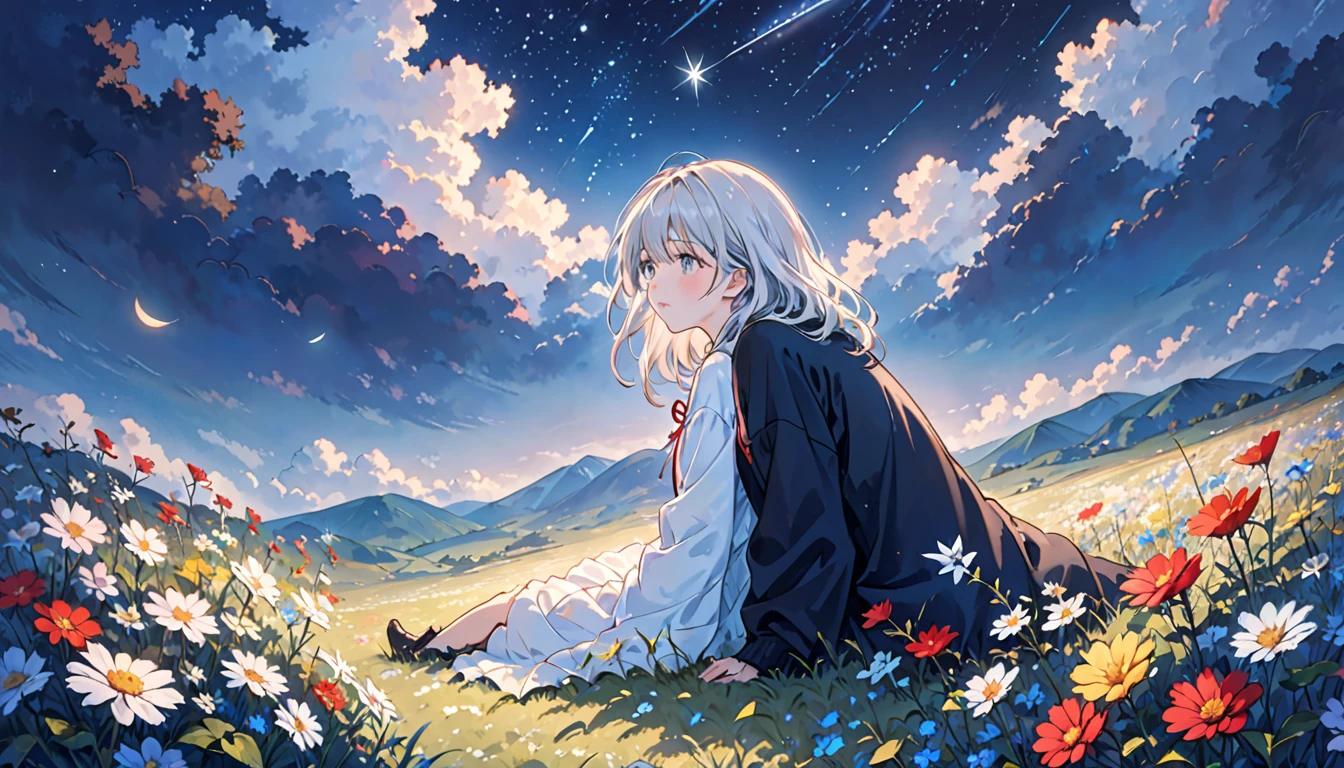 She and he lay face down in a field full of highland flowers,、Looking up at the night sky.、Maybe it's because it's cold., Their breath looks pale white.、The light source is a star in the night sky々Light only、She suddenly turns to him and blushes、A shooting star visible from the position of the head flowed into the night sky.、The area is pitch dark、In the darknesasutepiece、realisitic