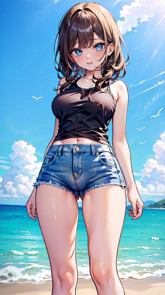 (8K、Highest quality、Highest quality、masterpiece)、Detailed face、One Girl、(Brown Skin:1.2)、Long Hair、Blue Eyes、Serious、(Red Tank Top、Denim hot shorts、Open Shorts、Unziped shorts、Mini Shorts、No Panties、NoPanties、Spread pussy)、labia view、Beach、cloud、vagina、Pussy Lip、Wedgie between Pussy Lips、Big Breasts