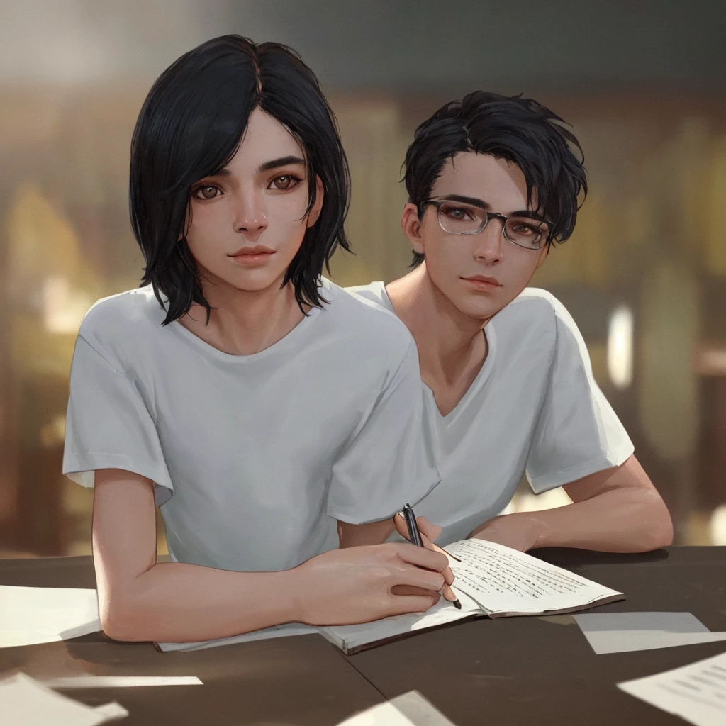 detailed portrait of a young man sitting in a classroom, wearing a white t-shirt and holding a pen, black short hair, exams and books on the desk, upper body focus, Loepfe artistic style, popular on CGStation, Xinhaicheng H 2160, inspired by Bian Shoumin, Xinhaicheng, Planned, guvitz style, best quality, 4k, 8k, highres, masterpiece:1.2, ultra-detailed, realistic, photorealistic, photo-realistic:1.37, HDR, UHD, studio lighting, ultra-fine painting, sharp focus, physically-based rendering, extreme detail description, professional, vivid colors, bokeh