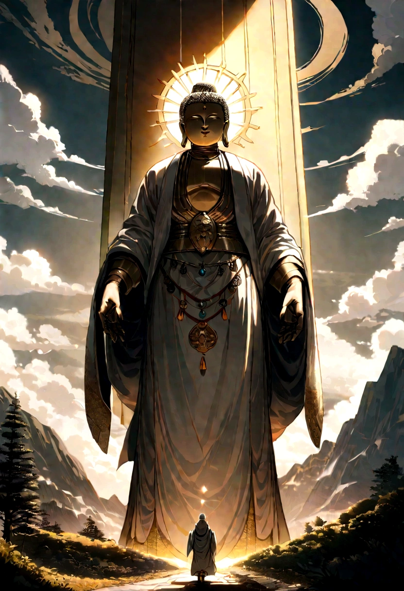 A tall Buddha statue standing in the distance, the sun is a mountain々Illuminate, Towering Tree々, Pilgrims walking the road. Beautiful composition, With the masterpiece, detailed, High resolution