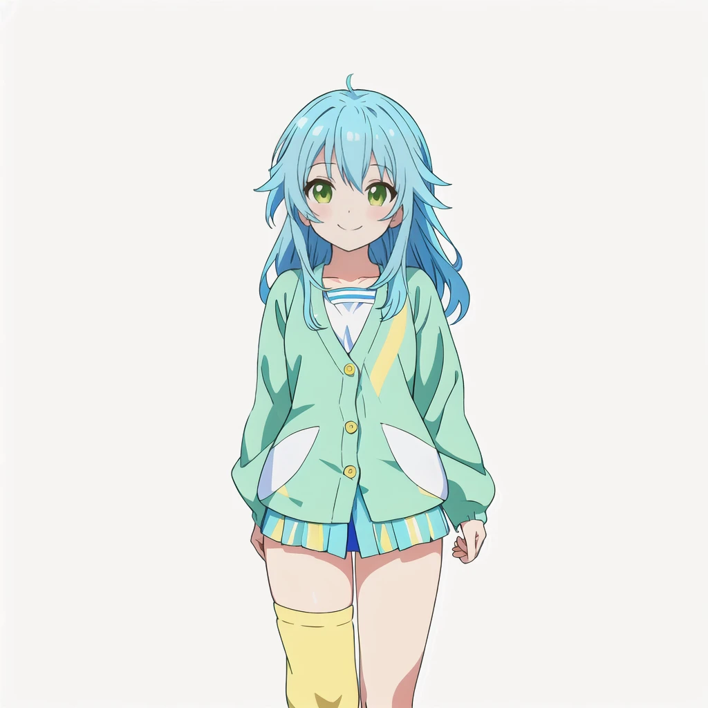 Highest quality, high resolution, High quality anime art style, Official Art, Smooth anime CG art, Stylized anime, Cute 3D anime girl render, Visual Novel Sprites, White background, whole body, Anime-style 3D, Smooth anime CG art, humanoid woman, JRPG Characters, Anime girl wearing a yellow cardigan and a yellow-green flared skirt, Knee-high socks, Anime girl with light blue hair, Moe sleeves, smile, Thin thighs, Thin legs. long hair, Small Bust, Small breasts, 12 years old