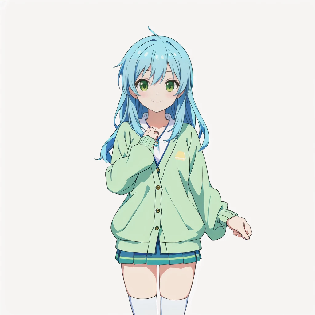 Highest quality, high resolution, High quality anime art style, Official Art, Smooth anime CG art, Stylized anime, Cute 3D anime girl render, Visual Novel Sprites, White background, whole body, Anime-style 3D, Smooth anime CG art, humanoid woman, JRPG Characters, Anime girl wearing a yellow cardigan and a yellow-green flared skirt, Knee-high socks, Anime girl with light blue hair, Moe sleeves, smile, Thin thighs, Thin legs. long hair, Small Bust, Small breasts, 12 years old
