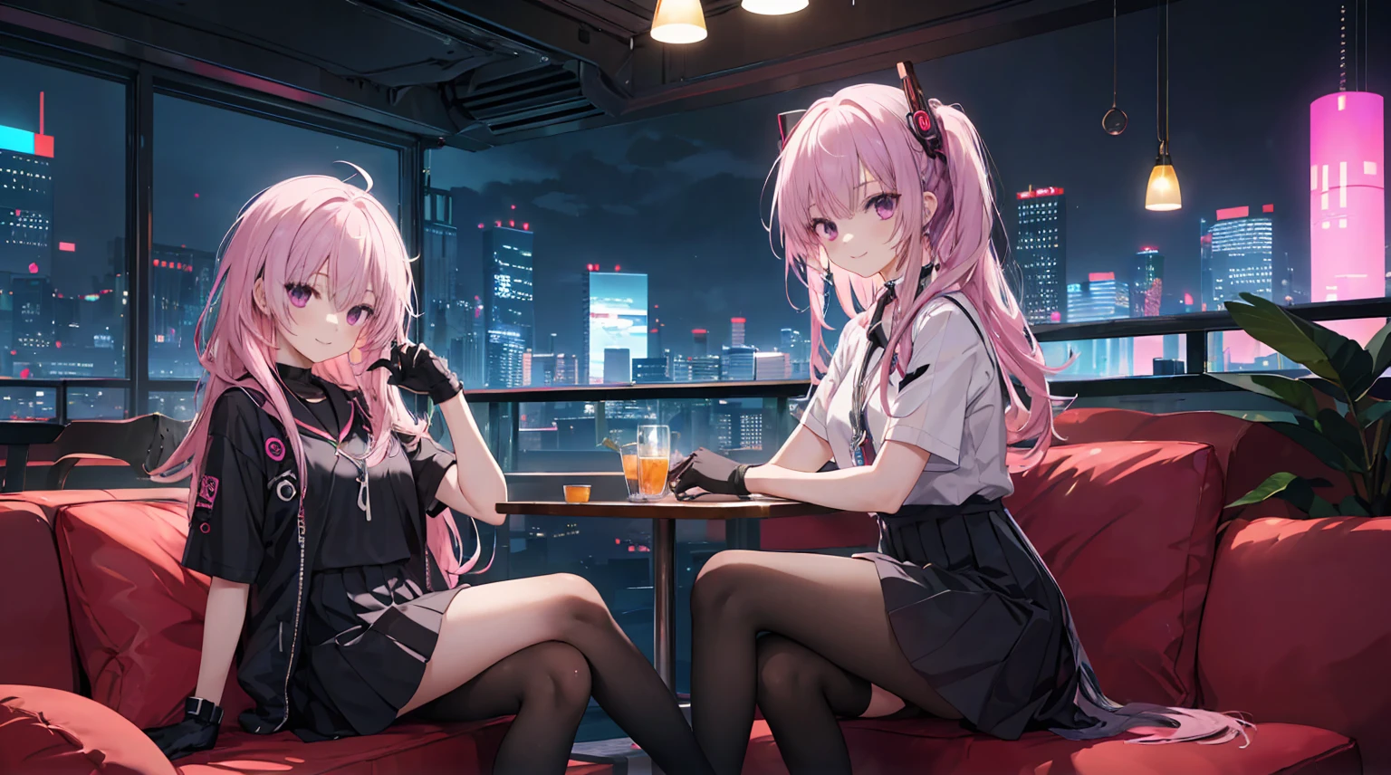 A girl，Solitary，Pink long hair，Moderate，Smile，Medium-length hair，Messy hair，Short sleeve，Short sleeve游戏服，Black skirt，Black gloves，Cyberpunk Characters,night, night city background，Cyberpunk, Anime style 4K, Sitting on the sofa，indoors，In the restaurant，Black Ayase Eue、Character-centered