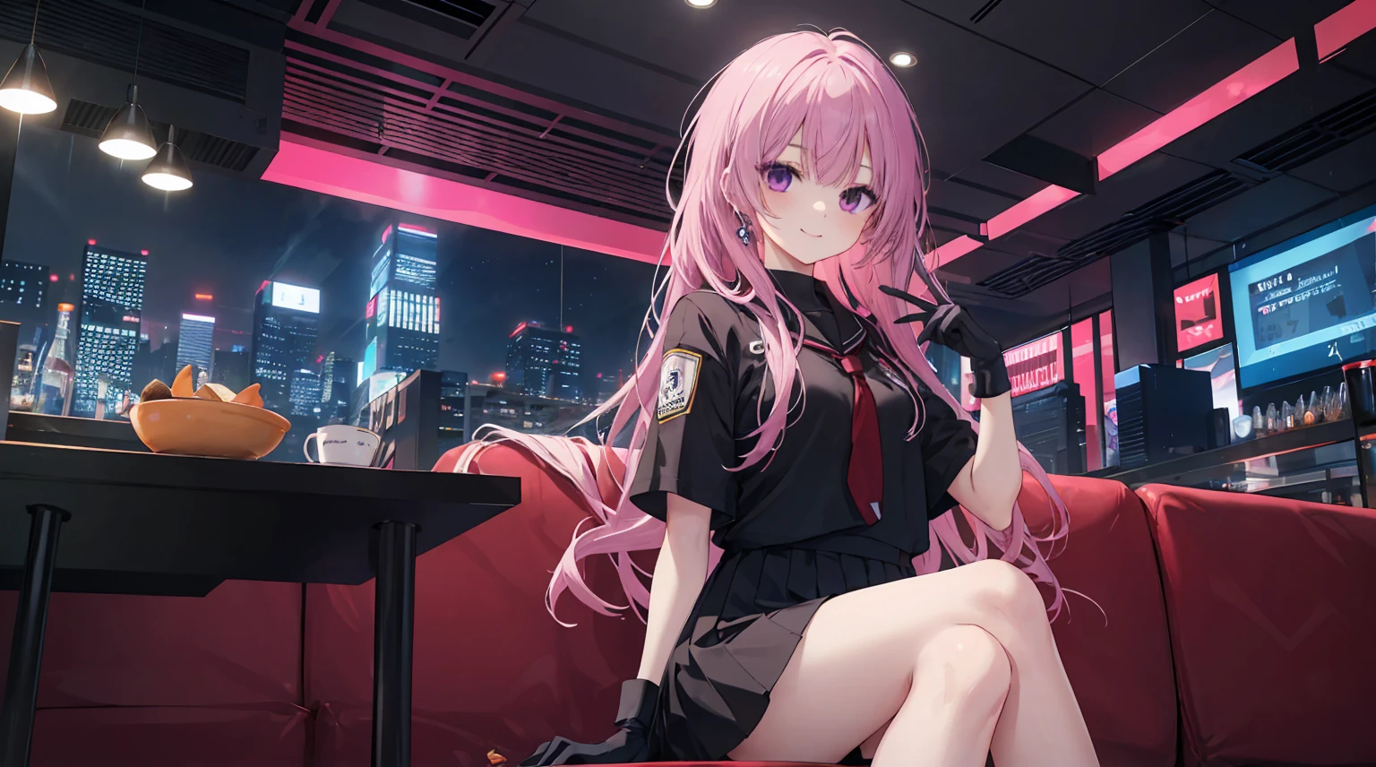 A girl,Solitary,Pink long hair,Moderate,Smile,Medium-length hair,Messy hair,Short sleeve,Short sleeve游戏服,Black skirt,Black gloves,Cyberpunk Characters,night, night city background,Cyberpunk, Anime style 4K, Sitting on the sofa,indoors,In the restaurant,Black Ayase Eue、Character-centered