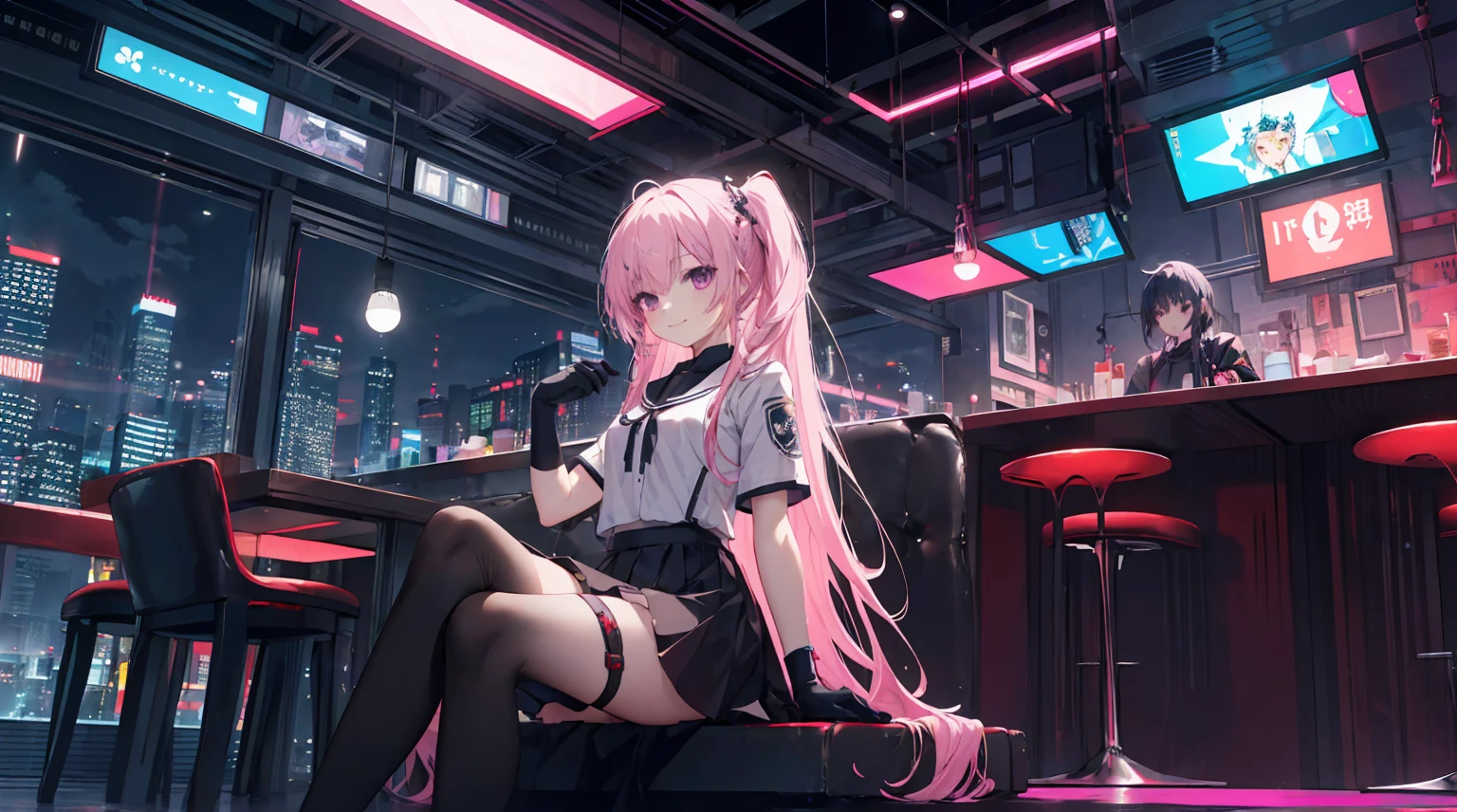A girl,Solitary,Pink long hair,Moderate,Smile,Medium-length hair,Messy hair,Short sleeve,Short sleeve游戏服,Black skirt,Black gloves,Cyberpunk Characters,night, night city background,Cyberpunk, Anime style 4K, Sitting on the sofa,indoors,In the restaurant,Black Ayase Eue、Character-centered