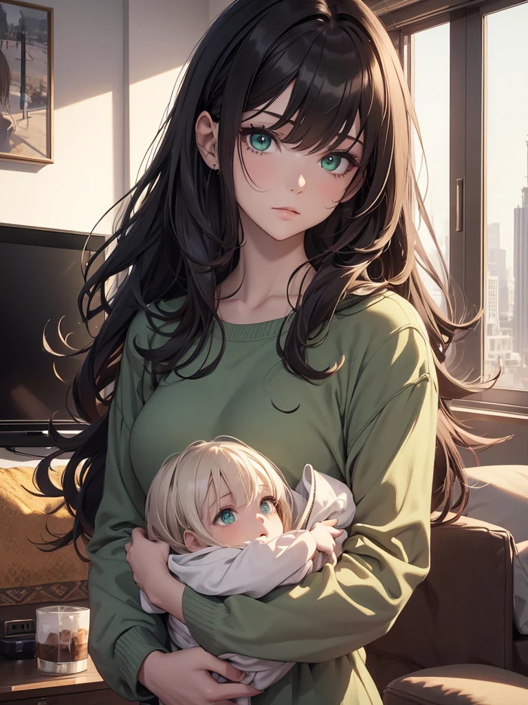 (8K, Best Quality, Masterpiece, Ultra High Resolution) 1 Girl, Woman, Beautiful Eyes, Face Details, Dark Hair, Long Hair, Green Eyes, Pale Skin, Casual Clothing, Holding Baby, In Apartment, Living Room, Best Quality, Upper Body, Looking at the Viewer, Facing Viewer, Close Up