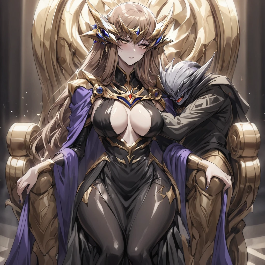 ((Highest quality)), ((masterpiece)), (detailed), （Perfect Face）、The woman is Princess Leona, with medium-long light brown hair, wearing a shiny, flashy, sexy, revealing black dress bodysuit, an open-front skirt, a cape, a headgear, lipstick and makeup, and is an evil female executive who is standing next to a man who is the dignified boss of an evil organization.、Women are brainwashed, expressionless, and have no highlights in their eyes.、The woman is being held close by the powerful boss of an evil organization.、The woman is being embraced and fondled by the powerful boss of an evil organization, sitting on the throne.