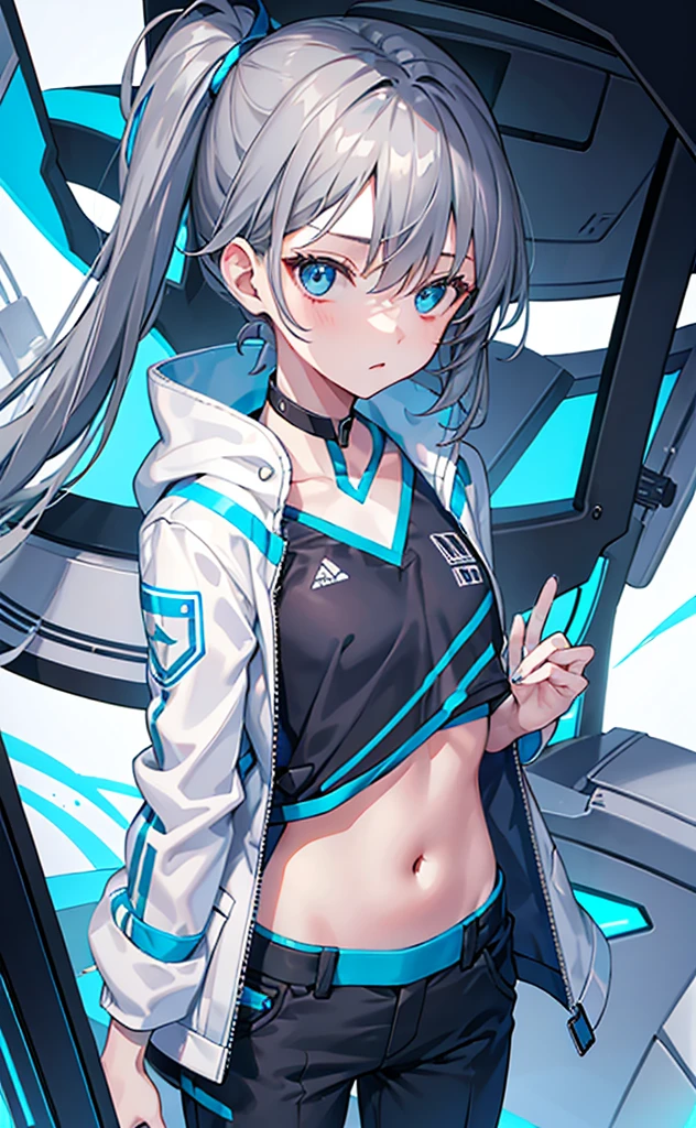 Girl,Tomboy,Dark gray hair,Blue Eyes,White jacket and blue short-sleeved top,Lower body trousers,Technology,flat chest。