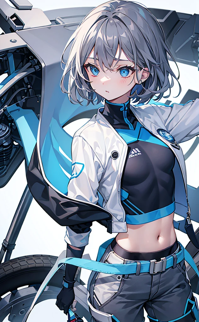 Girl,Tomboy,Dark gray hair,Blue Eyes,White jacket and blue short-sleeved top,Lower body trousers,Technology,flat chest。