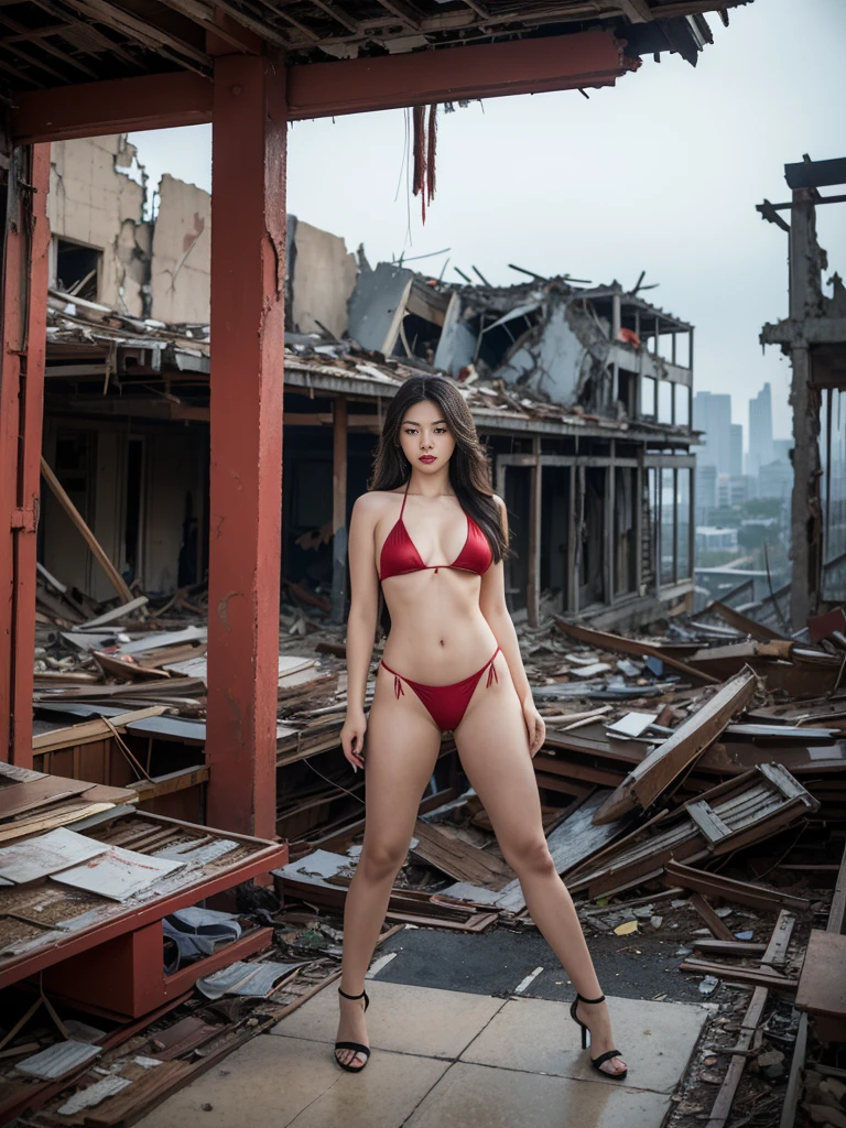 Illustrate The Last Surviving Beautiful Asian Woman, Red Lips, Thick Long Hair In A World Of Ruins, Standing With Crumbling Buildings Behind Her. She Stands Alone On The Roof Of A Decayed Building, Gazing Toward The Distant Horizon. Her Outfit Is Red Micro Bikini, G String Bikini, Big Breast, Curve Hourglass Body, Red High Heels,, And She Holds An Old Map She Found On Her Long Journey In Her Hands. Her Expression Mixes Loneliness With Determination, Embodying The Strength To Survive In A Harsh