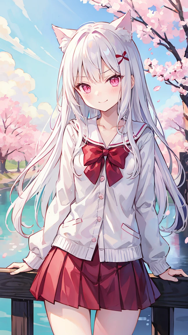 long  white hair、pink eyes、A beautiful cat girl、red blush、a smirk、Cute miniskirt、Cherry blossoms