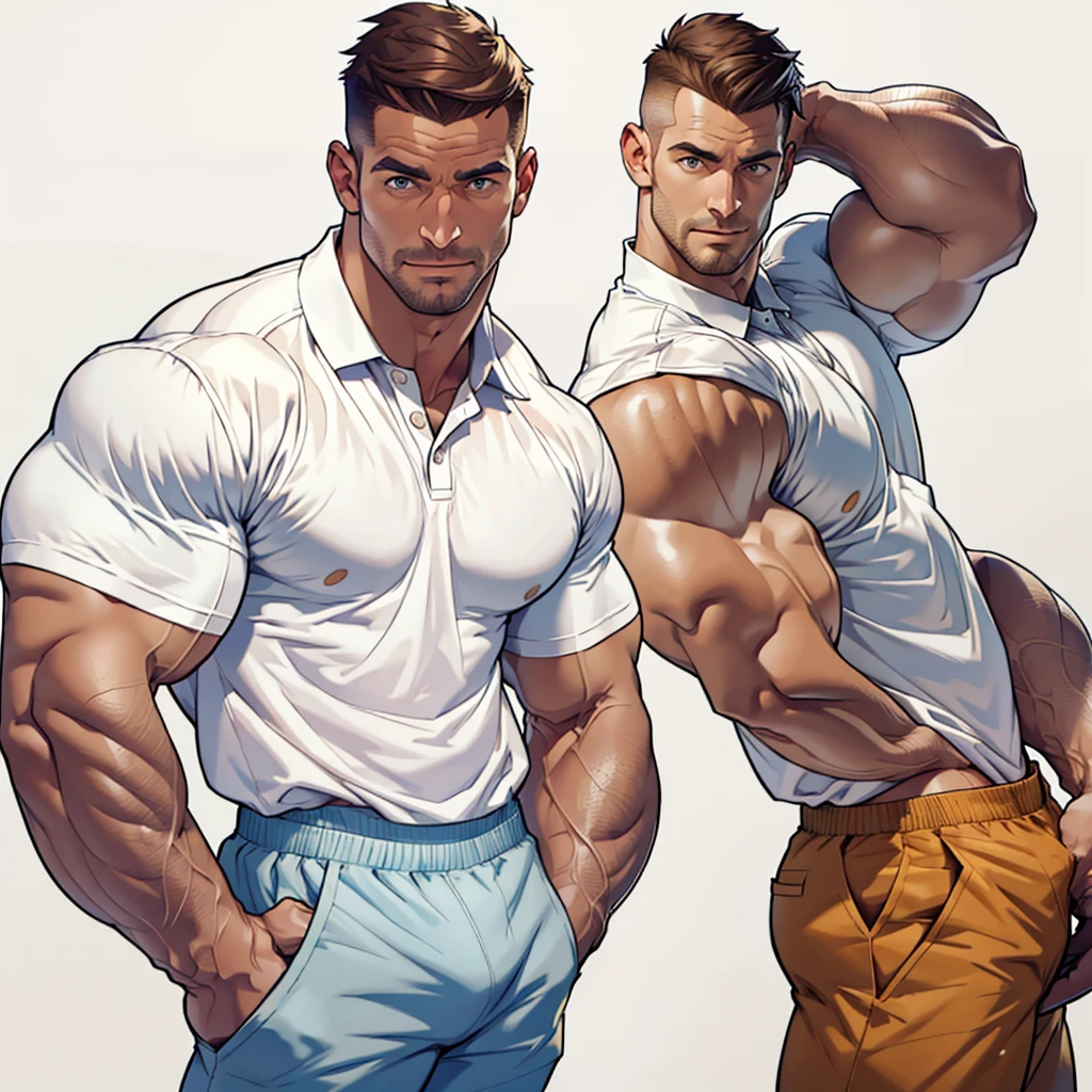 masterpiece,top-quality,((character sheets,Same character,gauges,Lateral face,soles)),environment change scene,Pose too,Hairstyle Fax,Pose ,(simple background、white backgrounid:1.3),illustratio,1 male human,Stephen AMELL,daddy hunk , handsome,thin man yet muscular Man,six pack stomack,normal Face ,Stubble,Lots of body hair,Brown hair,,Hair is thick,White polo shirt,Crisp orange boxer shorts, bulge,multi view,
