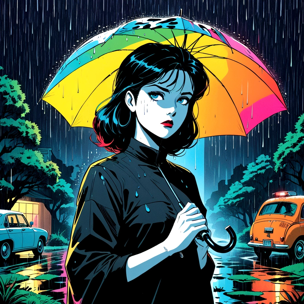 woman holding umbrella, technicolor rain, uv light face mask, , VHS, glitch, distorted, nostalgia, 90's retro vibes, analog tape, vcr aesthetics, tv, television, 1990's cartoon homage), comic 1990's, animated tv show screengrab, cinematic poster, image within image, multiple exposure, massive scale, rich color grading for shading depth, hand drawn rotoscope cartoon realism, chiaroscuro lighting, mixed media, vintage comic, retro original design, 1990's comic, sense of movement energy, A black and white world, holding umbrella, each drop of rain unleashes a ripple of color, bringing color to this otherwise mundane world, color reverberating out from each raindrop as it makes contact with the ground, subtle coloring to enrich the black and white image, rich color grading, sense of depth, shading and shadows