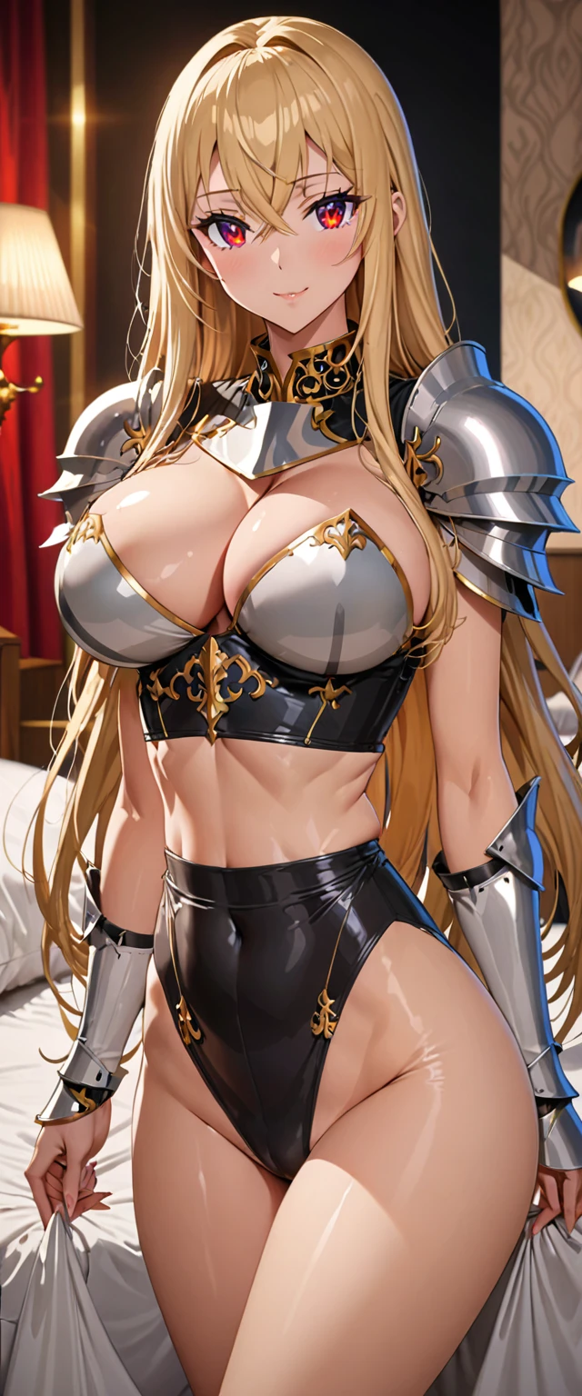 ((masterpiece)), ((high quality)), ((super detailed)), ((high resolution)), a beautiful woman, ((She is one of the most famous knight)), beauty, ((?????????????)), deep cleavage, ((large ???)), slim waist, nipchest out, (ultra-detailed face, detailed eyes, perfect skin), ((waist length hair, long straight golden hair, crossed bangs)), red eyes, whole body image, ????, an inviting smile, ((anime)), ((glamorous body type)), 23 years old, Height: 170cm, ((incredibly beautiful woman)), ((provocative)), ((The H cup bust)), ???? pose, bed room, motel, anime:1.4, 