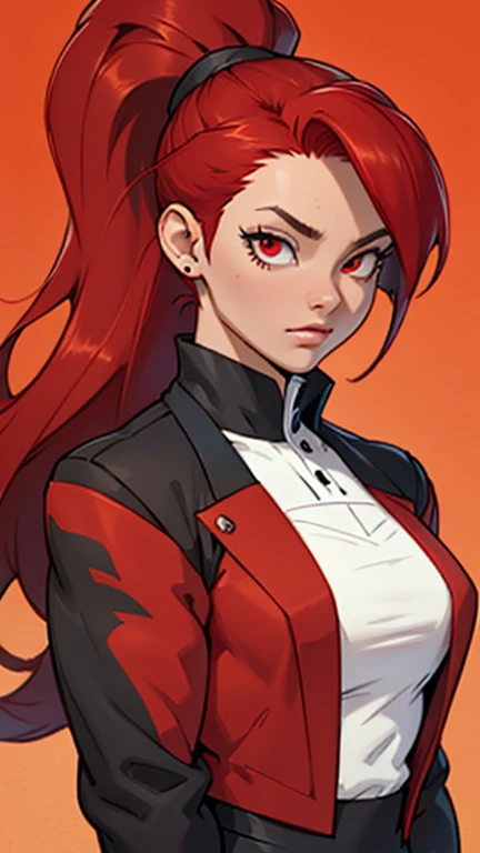 Highly detailed, 1 woman, solo, crimson mega ponytail, crimson hair, round buson, pit Black tuxedo, red eyes, one face