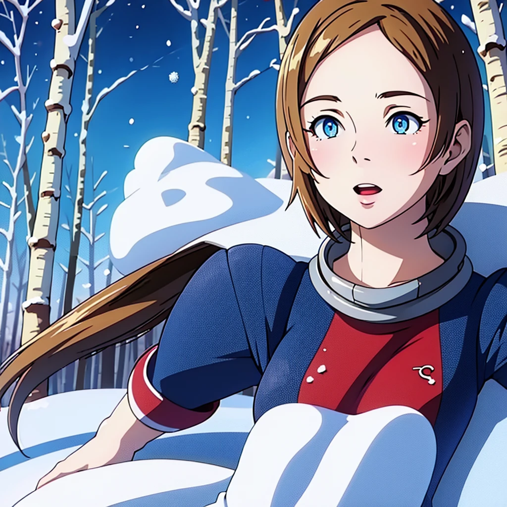 ((Highest quality, 8K, masterpiece:1.3)), (Realistic, Super detailed, Clear focus 1:0), (Original photo, Lighting: 1:1), Detailed face,,One Girl, Winter, Running around, Winter forest, surrounded by birch、Covered in snow, The sky is clear