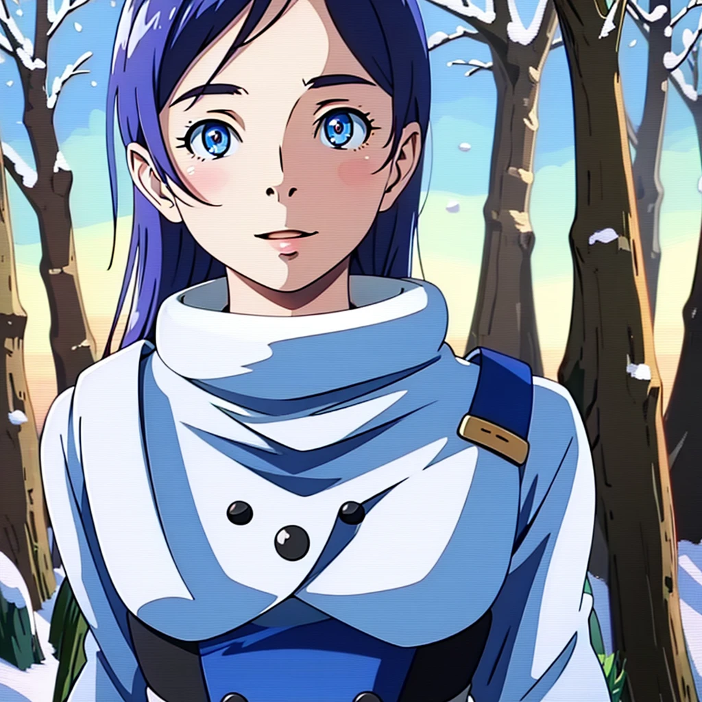 ((Highest quality, 8K, masterpiece:1.3)), (Realistic, Super detailed, Clear focus 1:0), (Original photo, Lighting: 1:1), Detailed face,,One Girl, Winter, Running around, Winter forest, surrounded by birch、Covered in snow, The sky is clear