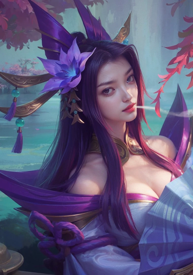 (female:1.2), 8k, ultra hd, ultra detailed texture, hyper realistic, masterpiece, detailed texture, detailed face, detailed skin, detailed lighting, (photorealistic:1.5), best quality, beautiful lighting, cinematic lighting, professional lighting, ultra highres, realistic, detailed hair, real hair, high quality, (realskin:1.5), extremely detailed, finely detail, ultra-detailed, 1girl, solo, elf, pointy ears, standing, demon horns, forehead protector, (red eyes:1.5), v-shapped eyebrow, lips, red lips, evil smile, nose, make up, pretty, beautiful, cute face, long hair, blue hair, high ponytail, large breasts, cleavage, armpit, navel, stomach, black armor, pauldrons, bare shoulders, shoulder armor, thigh high, sleevless, detached sleeves, breastplate, gauntlets, karina \(mobile legends\), depth of field, looking aways, white skin, skin tight, amazing pose, outdoors, glowing, dark view, blurry background