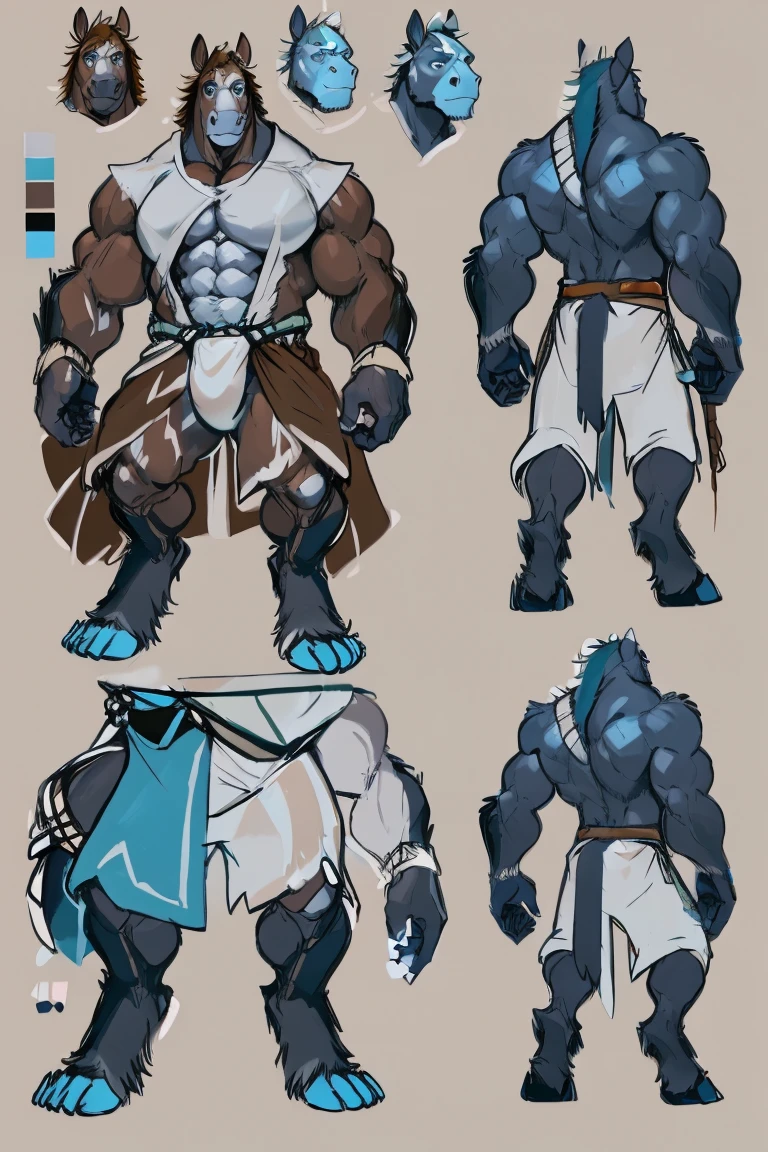 Male character design, detailed full body concept art, detailed character art, full character design, character model sheet submission, detailed character design, full body character design, ((Character design sheet, same character, forehead, side, back)) Character design, horse man, overly muscular, bulging veins, sexy expression, blue eyes, furry, huge biceps, bare back, wearing underwear.