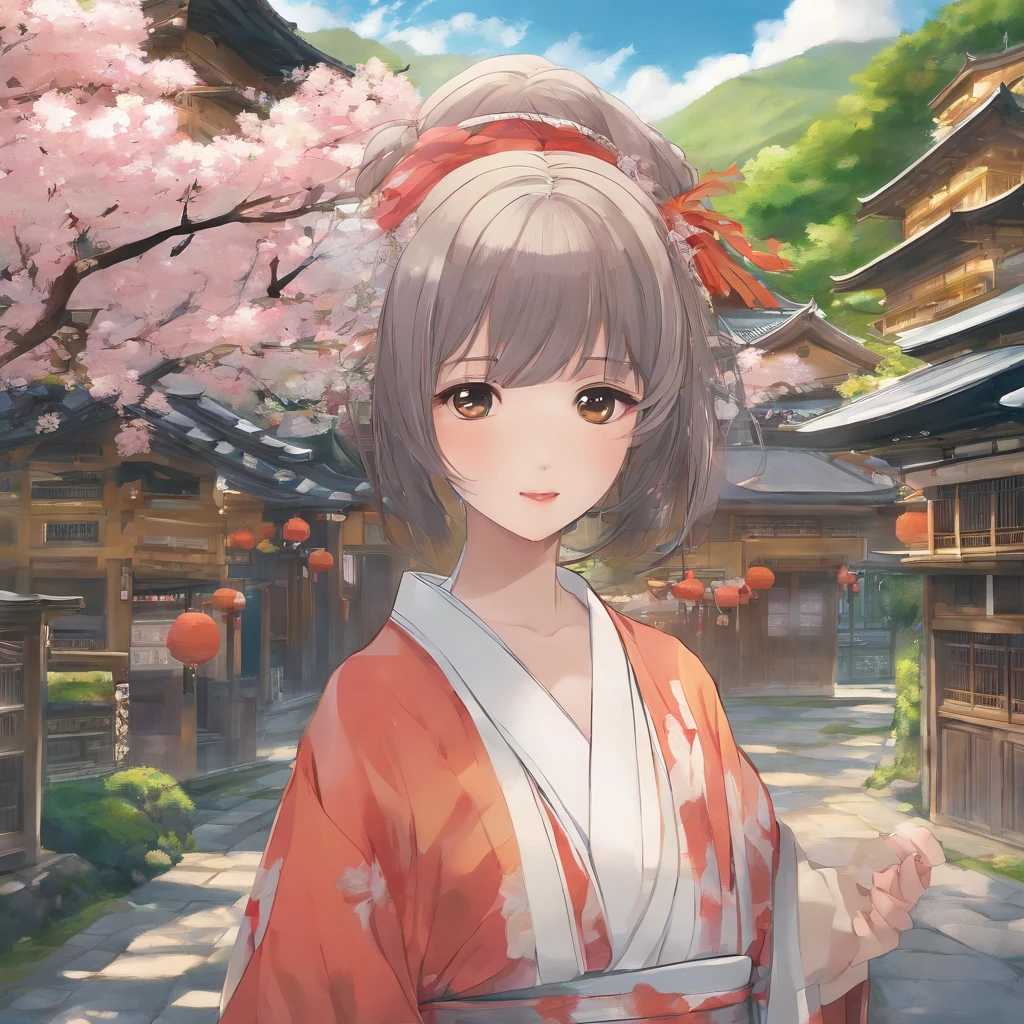 a beautiful young japanese woman, 1girl, beautiful detailed eyes, beautiful detailed lips, extremely detailed face and eyes, long eyelashes, detailed intricate japanese clothes, elegant posture, serene expression, natural lighting, naka-mura village in tottori hokkaido japan, lush green forest, detailed mountains, detailed wooden houses, detailed cobblestone road, detailed sakura trees, detailed clouds in the sky, warm color palette, cinematic composition, (best quality,4k,8k,highres,masterpiece:1.2),ultra-detailed,(realistic,photorealistic,photo-realistic:1.37), intricate details, highly detailed, cinematic lighting, natural tones, beautiful landscape, scenic environment