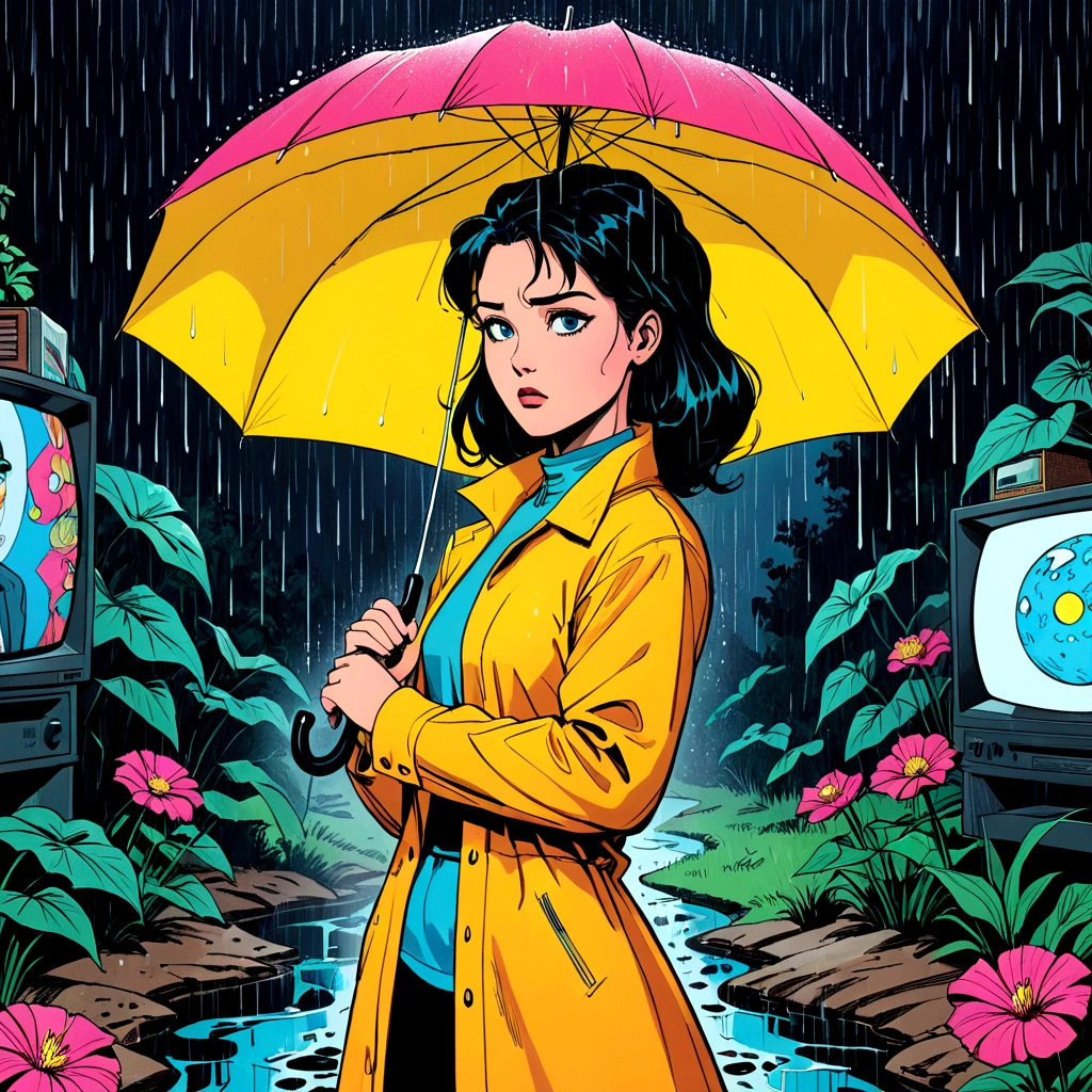 woman holding umbrella, technicolor rain, uv light face mask, , VHS, glitch, distorted, nostalgia, 90's retro vibes, analog tape, vcr aesthetics, tv, television, 1990's cartoon homage), comic 1990's, animated tv show screengrab, cinematic poster, image within image, multiple exposure, massive scale, rich color grading for shading depth, hand drawn rotoscope cartoon realism, chiaroscuro lighting, mixed media, vintage comic, retro original design, 1990's comic, sense of movement energy, A black and white world, holding umbrella, each drop of rain unleashes a ripple of color, bringing color to this otherwise mundane world, color reverberating out from each raindrop as it makes contact with the ground, subtle coloring to enrich the black and white image, rich color grading, sense of depth, shading and shadows