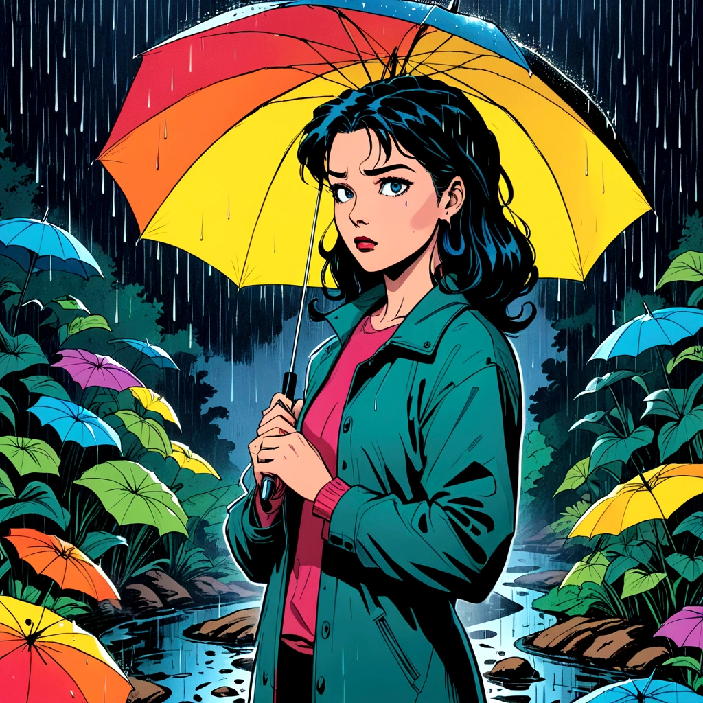 woman holding umbrella, technicolor rain, uv light face mask, , VHS, glitch, distorted, nostalgia, 90's retro vibes, analog tape, vcr aesthetics, tv, television, 1990's cartoon homage), comic 1990's, animated tv show screengrab, cinematic poster, image within image, multiple exposure, massive scale, rich color grading for shading depth, hand drawn rotoscope cartoon realism, chiaroscuro lighting, mixed media, vintage comic, retro original design, 1990's comic, sense of movement energy, A black and white world, holding umbrella, each drop of rain unleashes a ripple of color, bringing color to this otherwise mundane world, color reverberating out from each raindrop as it makes contact with the ground, subtle coloring to enrich the black and white image, rich color grading, sense of depth, shading and shadows